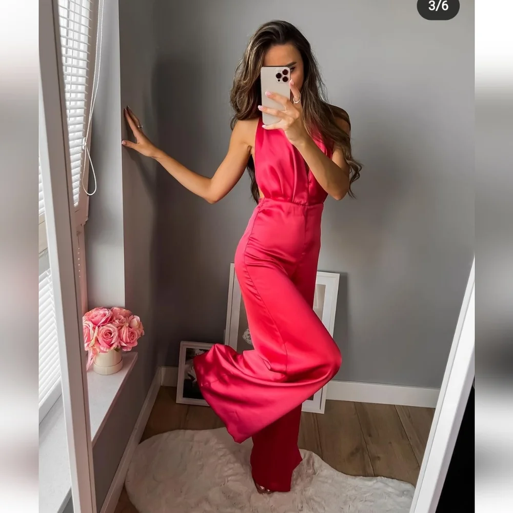 Zara * Satin Effect Jumpsuit Wide Leg Pink Long Size XS